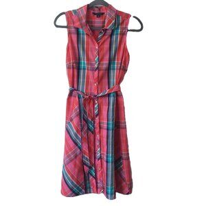 TOMMY HILFIGER Sleeveless Cotton Plaid Button Down Belted Shirt Dress Size S/P
